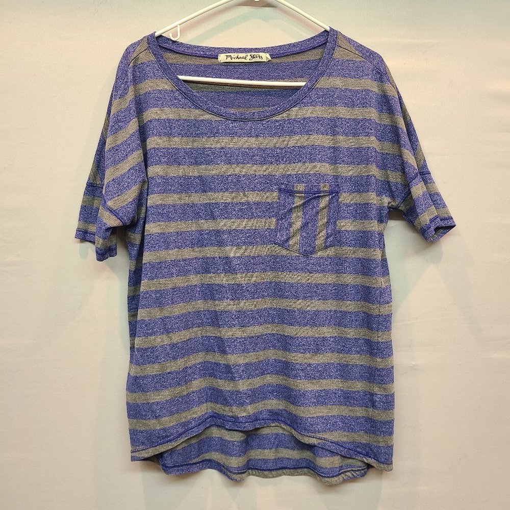 Michael Stars Shirt Blue Gray Striped Pocket Short Sleeve Womens OS